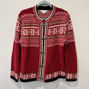 Susan Bristol Womens Wool Cardigan Sweater Nordic Fair Isle Metal Clasps Hooks M